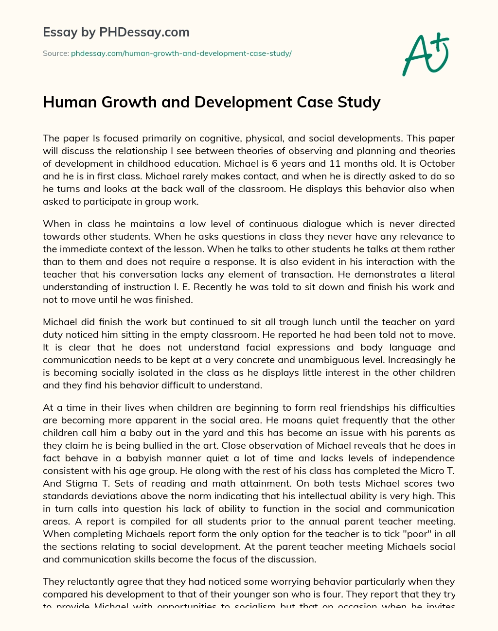 Human Growth and Development Case Study essay