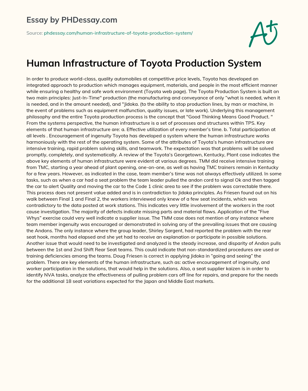 Human Infrastructure of Toyota Production System essay