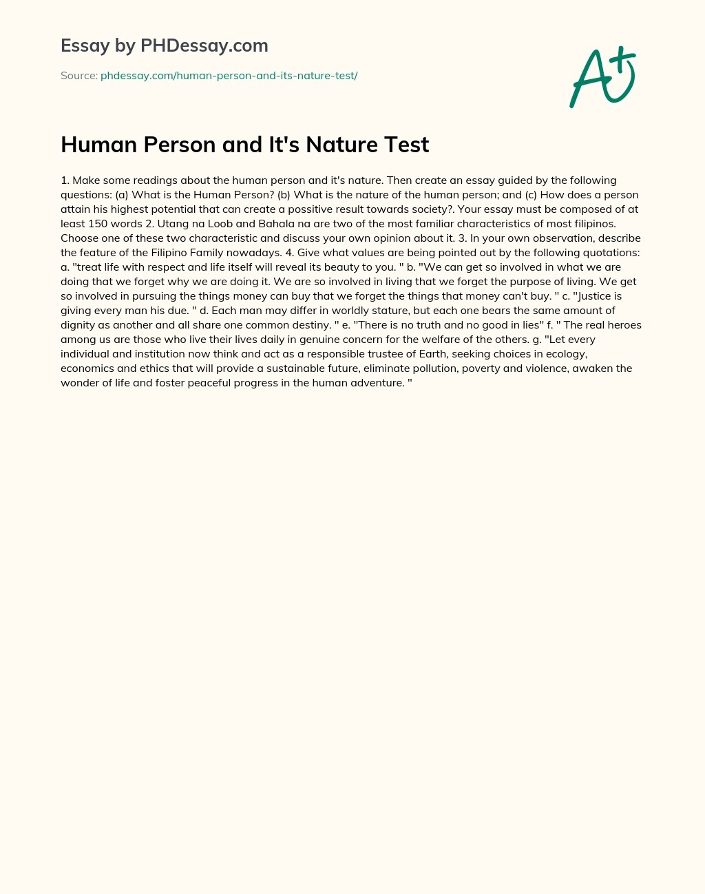 Human Person and It’s Nature Test essay