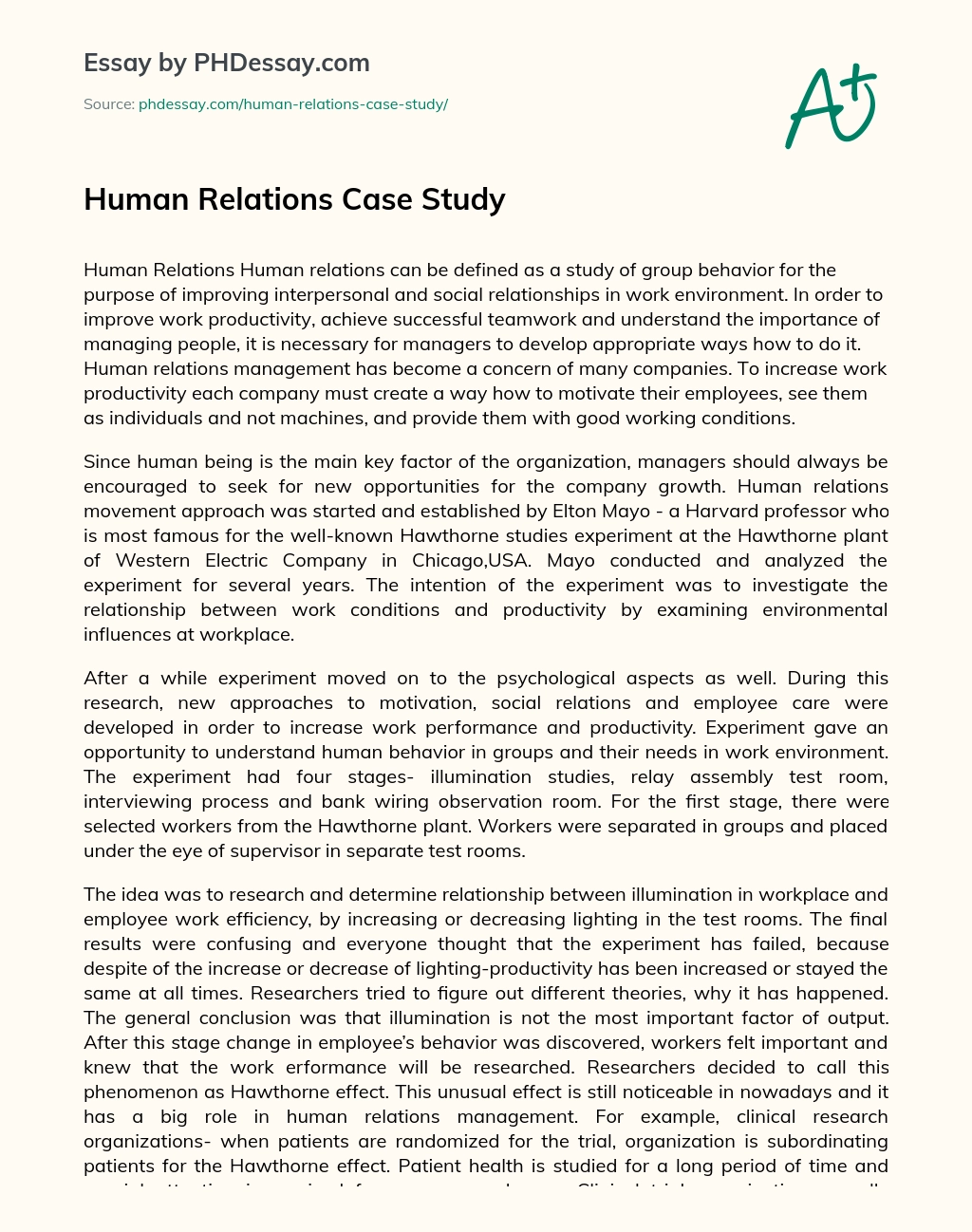 Human Relations Case Study essay