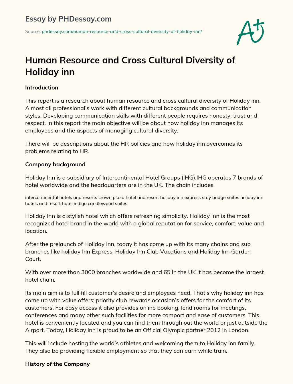 Human Resource and Cross Cultural Diversity of Holiday inn essay