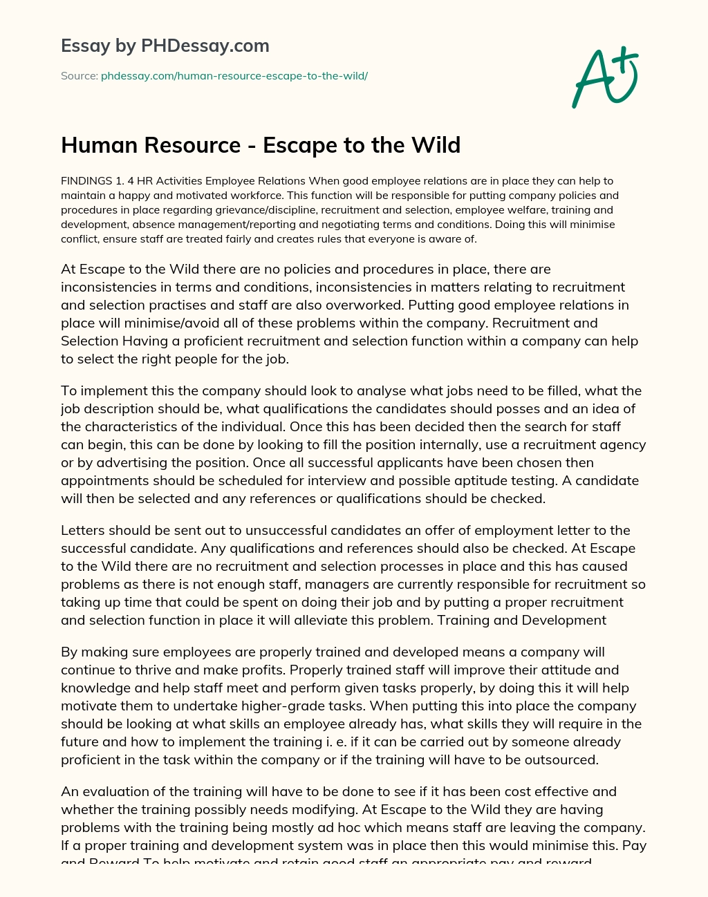 Human Resource – Escape to the Wild essay