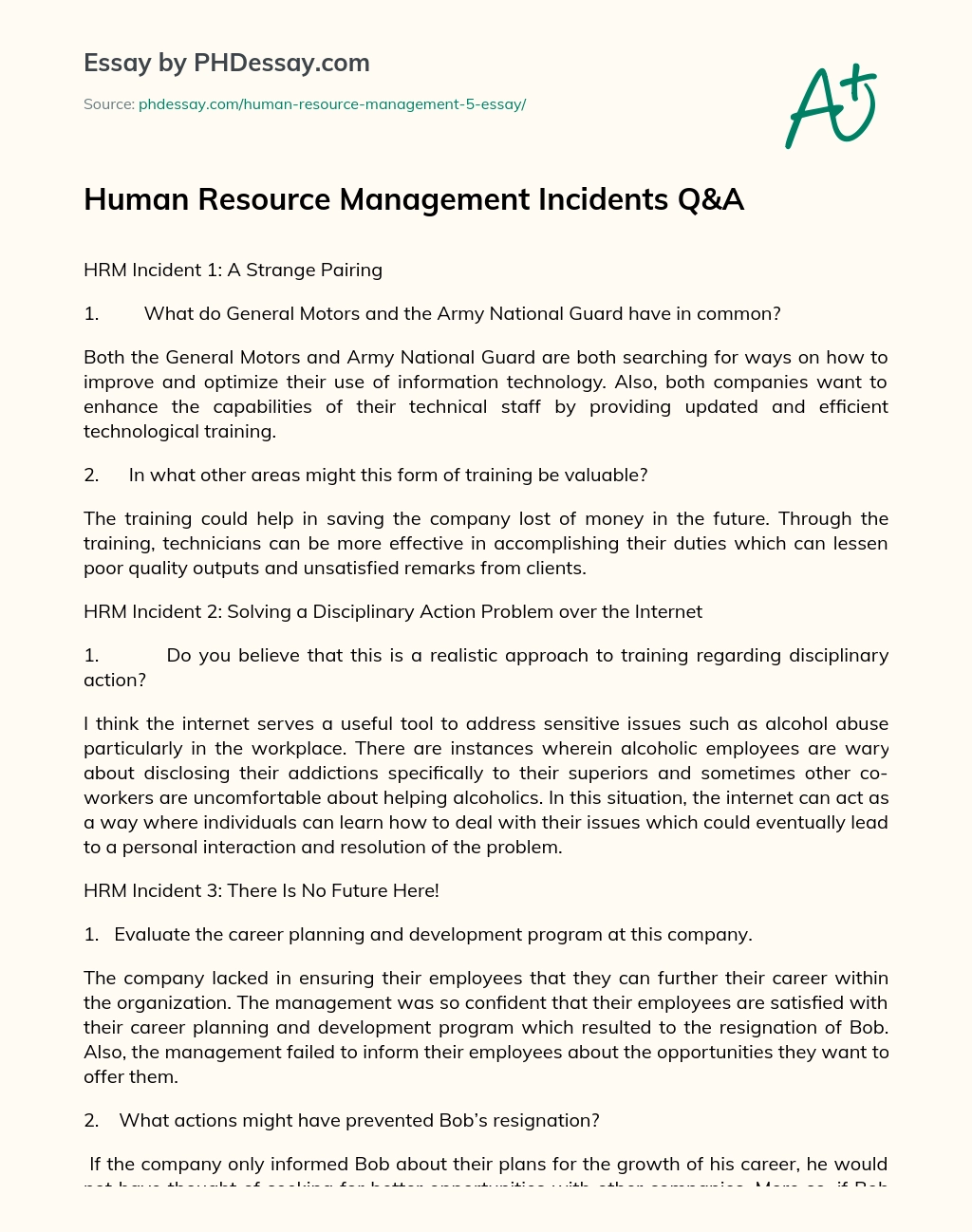 Human Resource Management Incidents Q&A essay