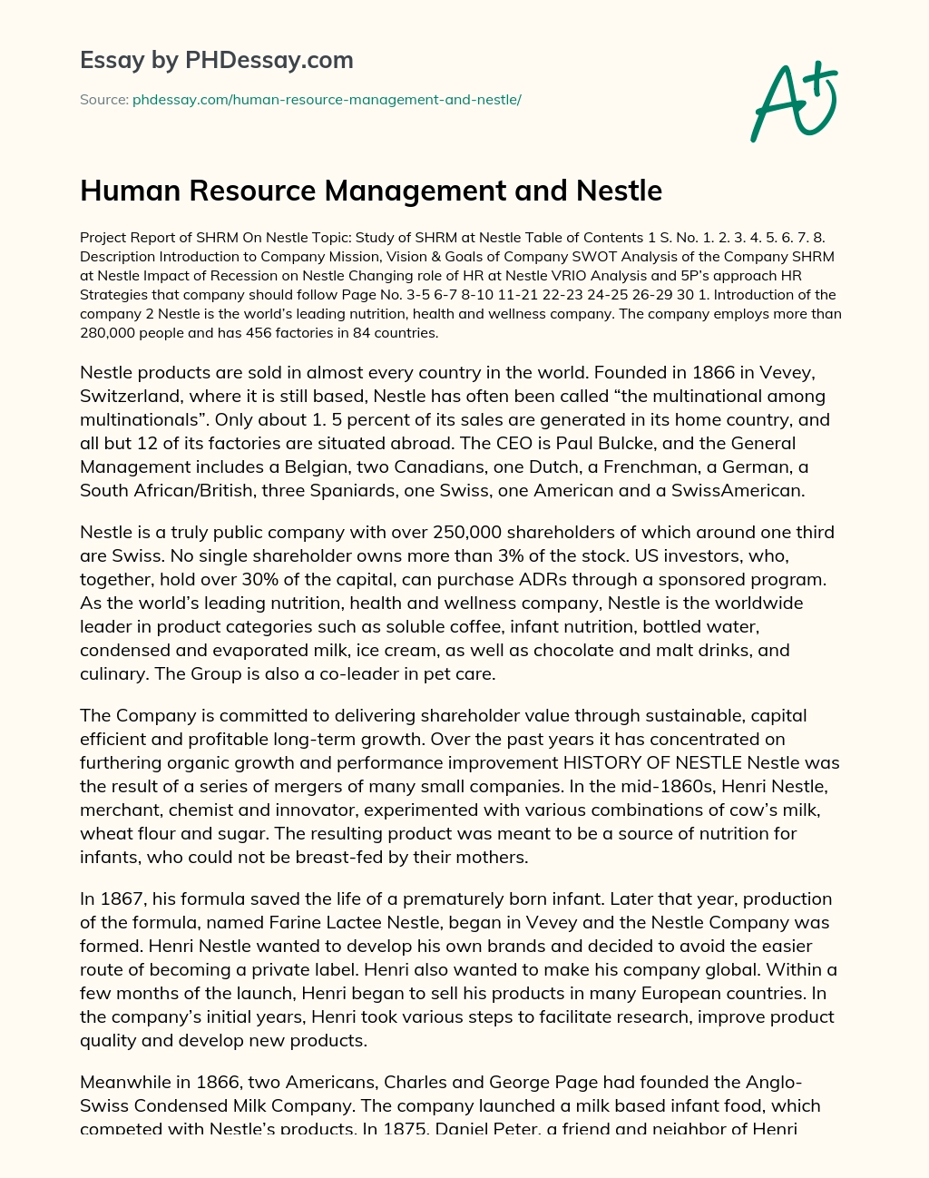 Human Resource Management and Nestle essay
