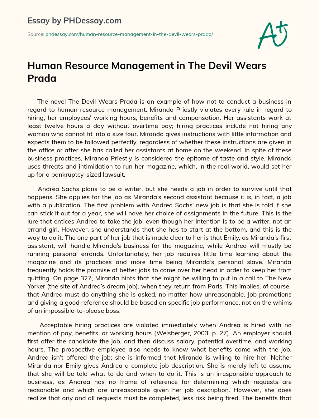 Human Resource Management in The Devil Wears Prada essay