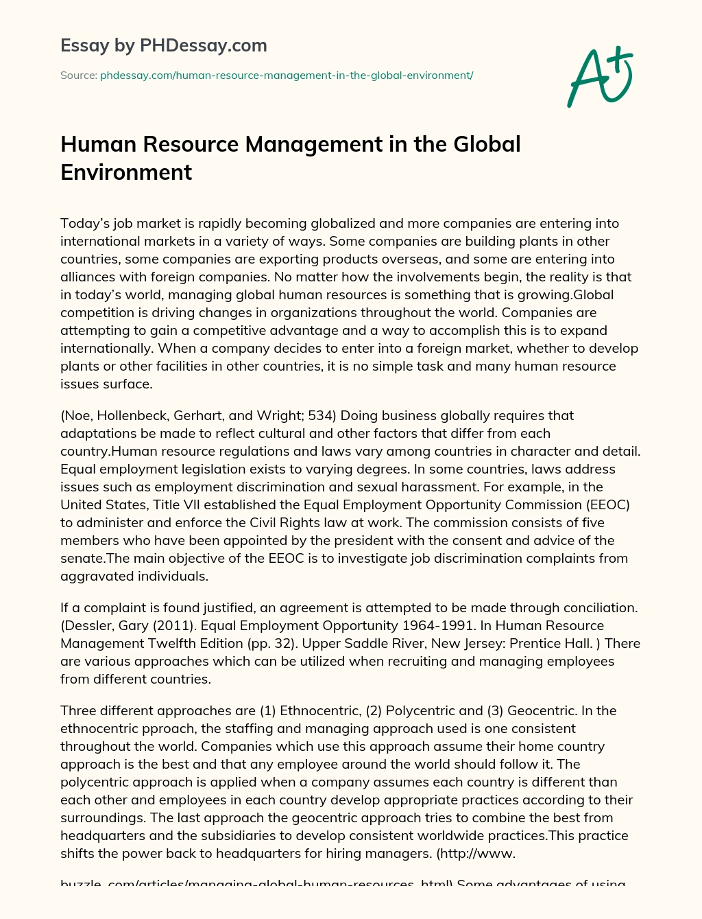 Реферат: Managing Global Human Resources Essay Research Paper
