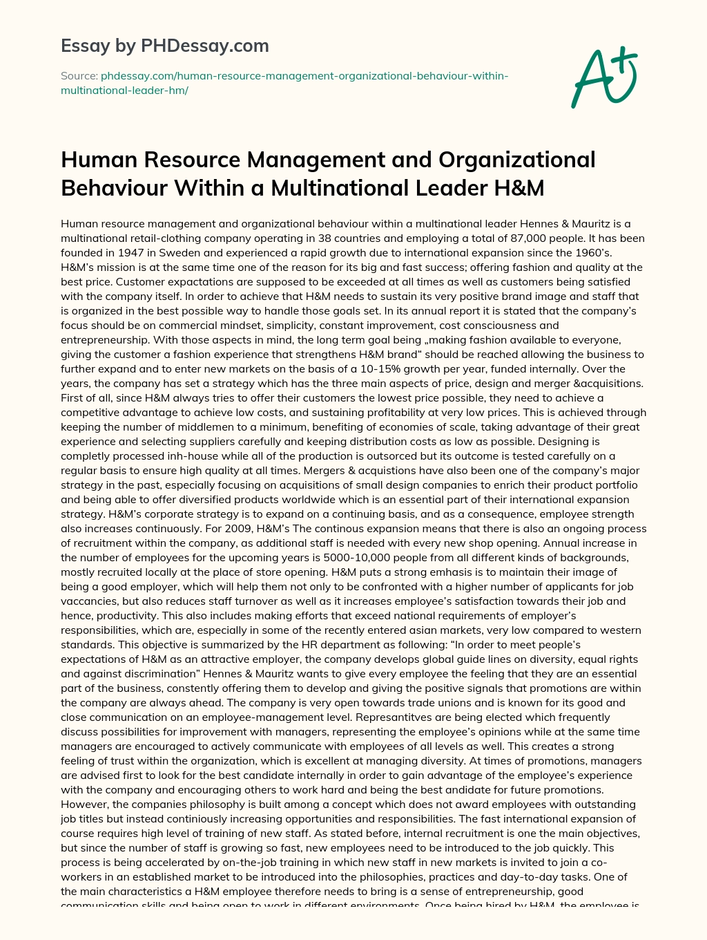 Human Resource Management and Organizational Behaviour Within a Multinational Leader H&M essay