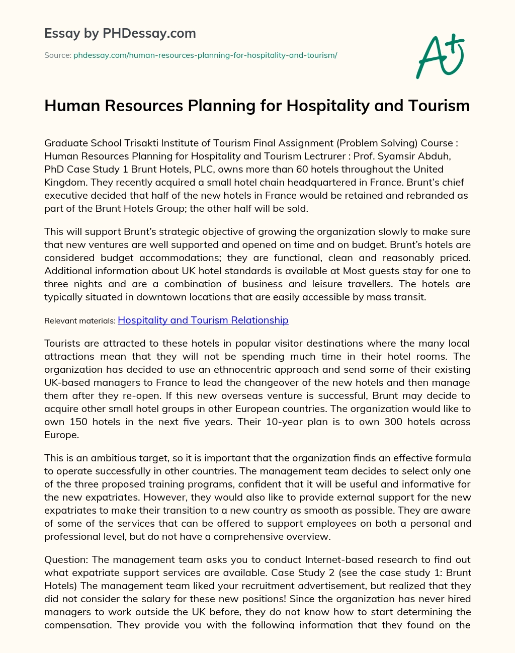Human Resources Planning for Hospitality and Tourism essay
