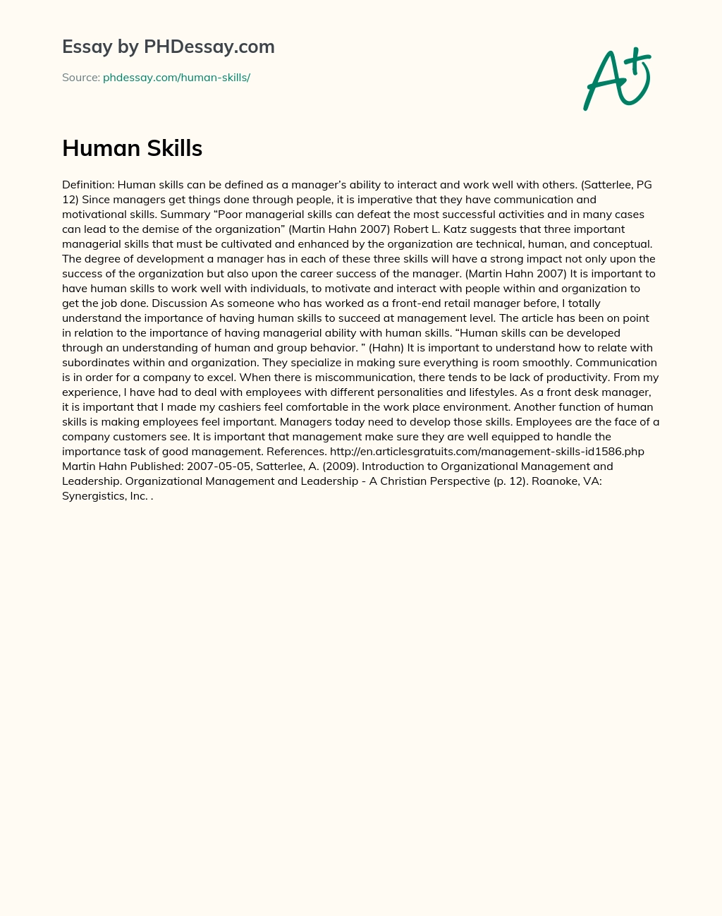 Importance of Human Skills in Managerial Success essay