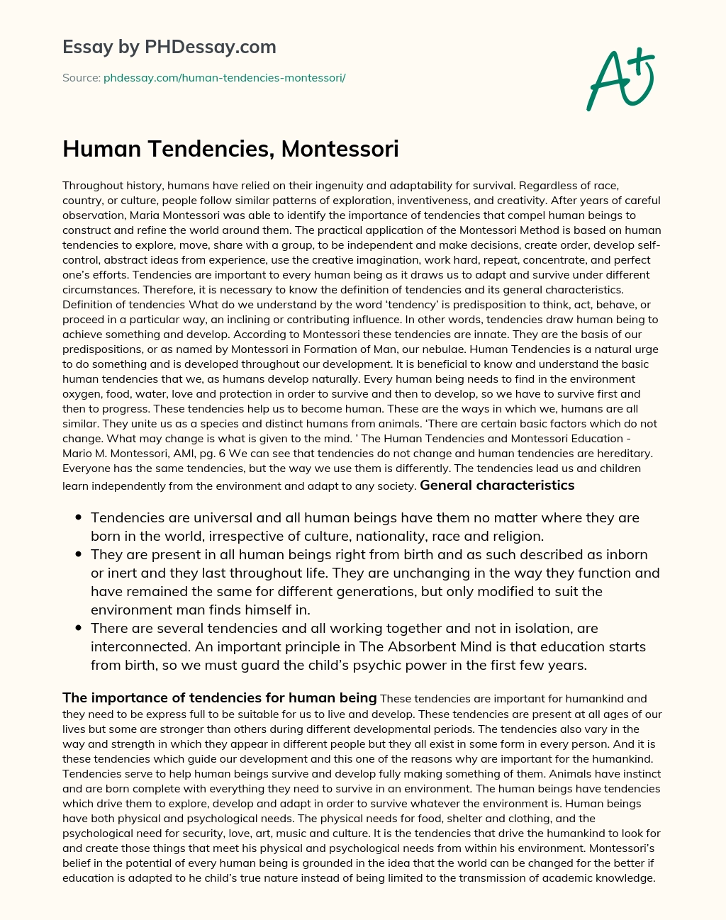 Human Tendencies, Montessori essay