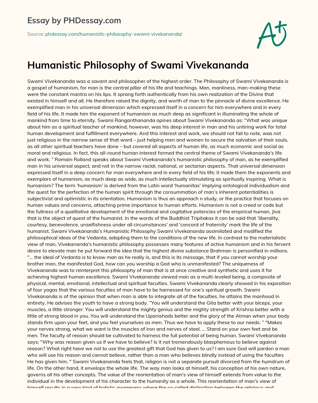 Humanistic Philosophy of Swami Vivekananda essay