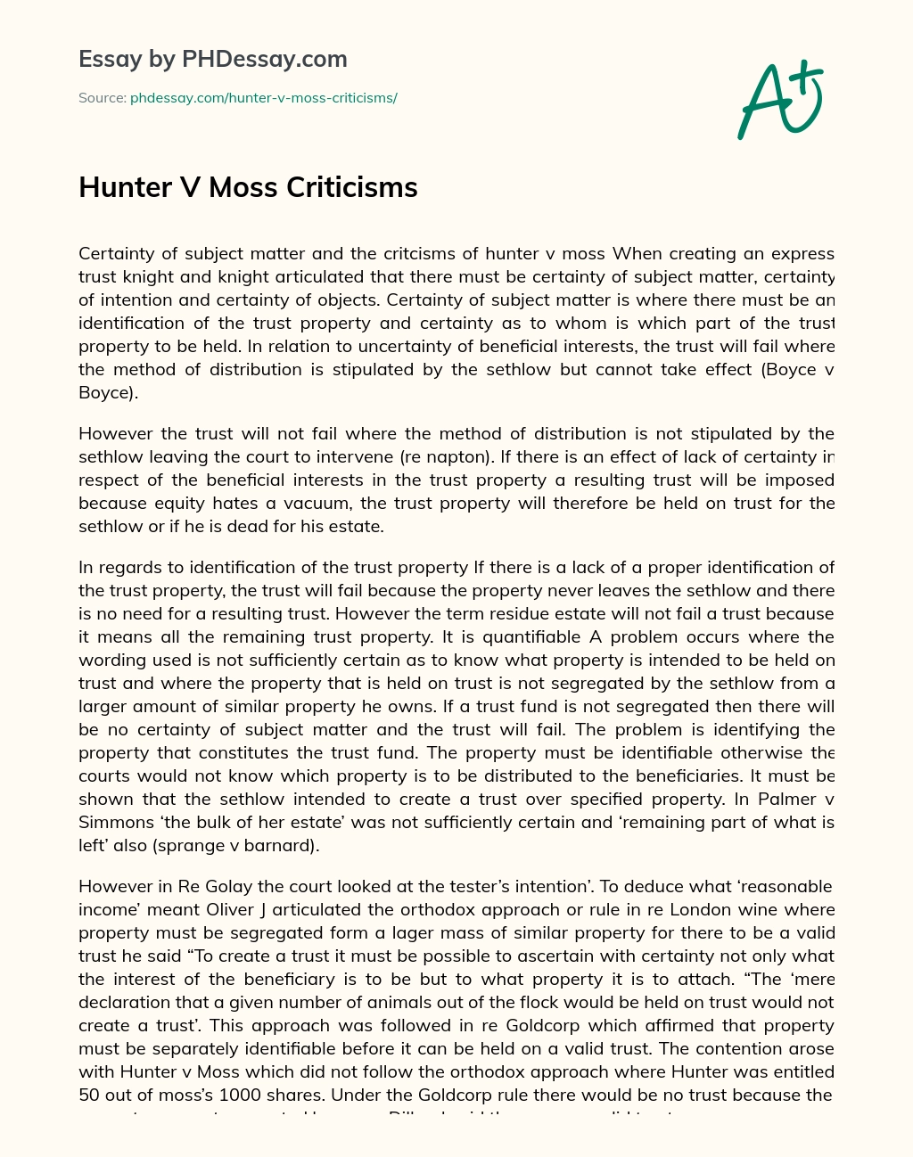 Hunter V Moss Criticisms essay