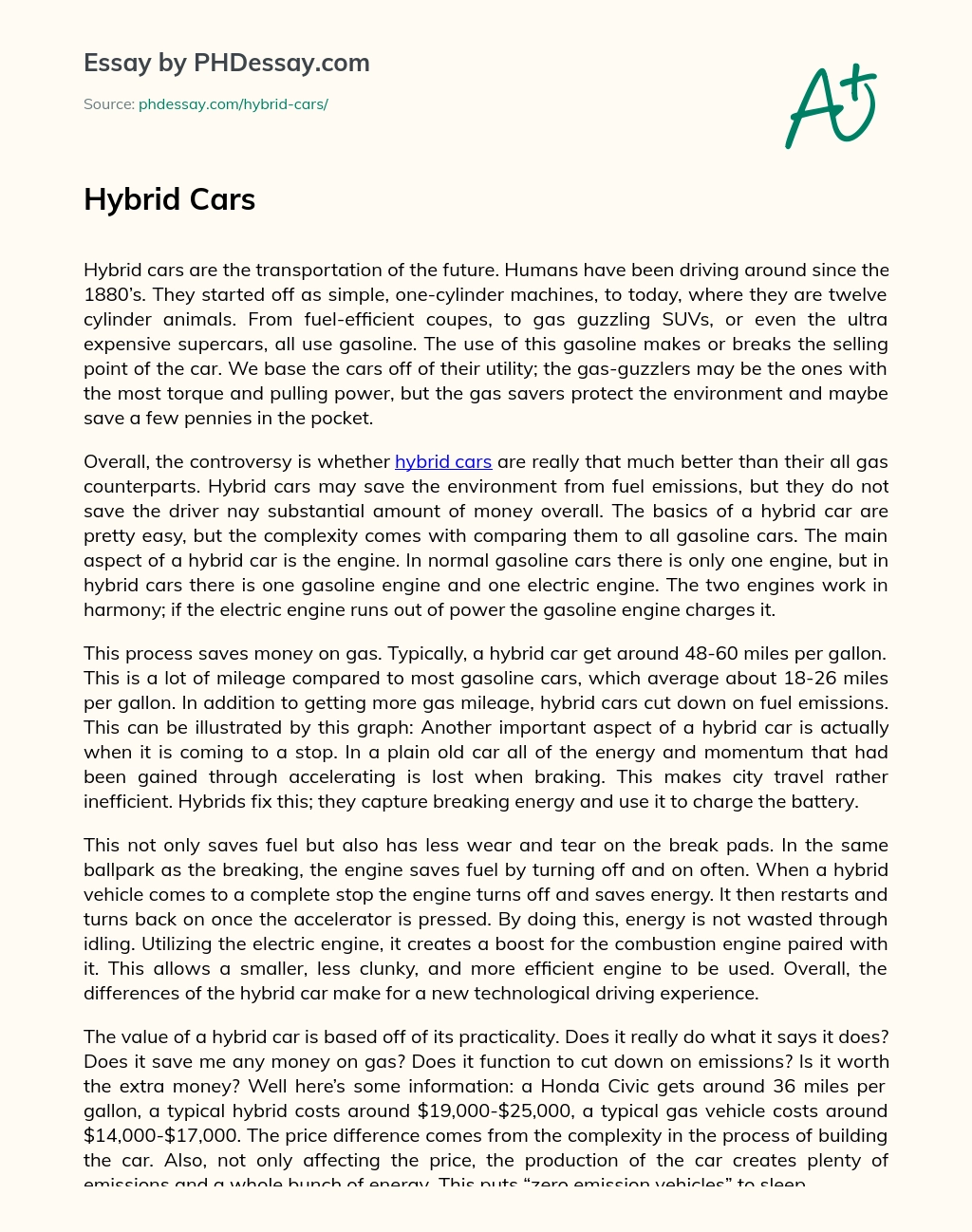 Hybrid Cars: The Future of Transportation essay