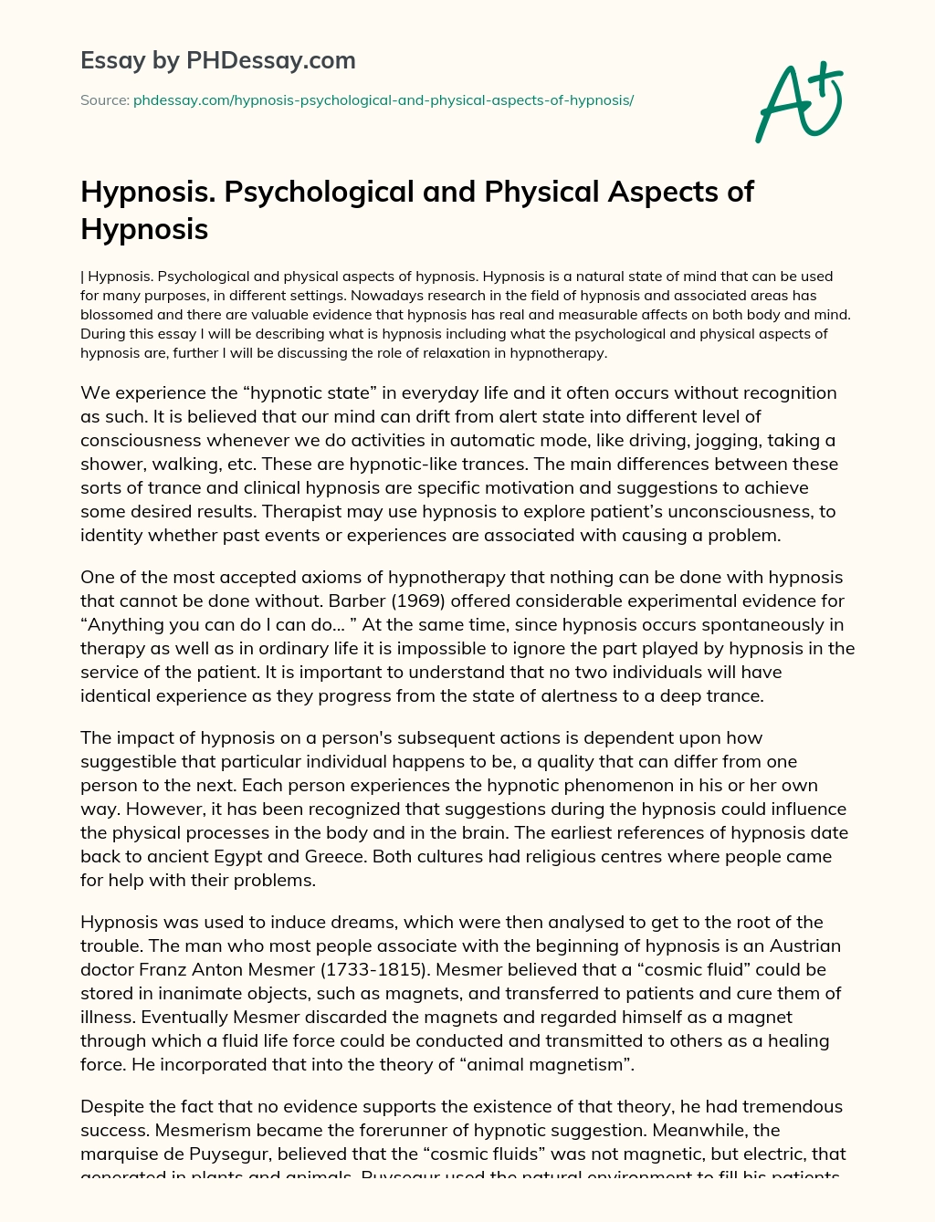 Hypnosis. Psychological and Physical Aspects of Hypnosis essay