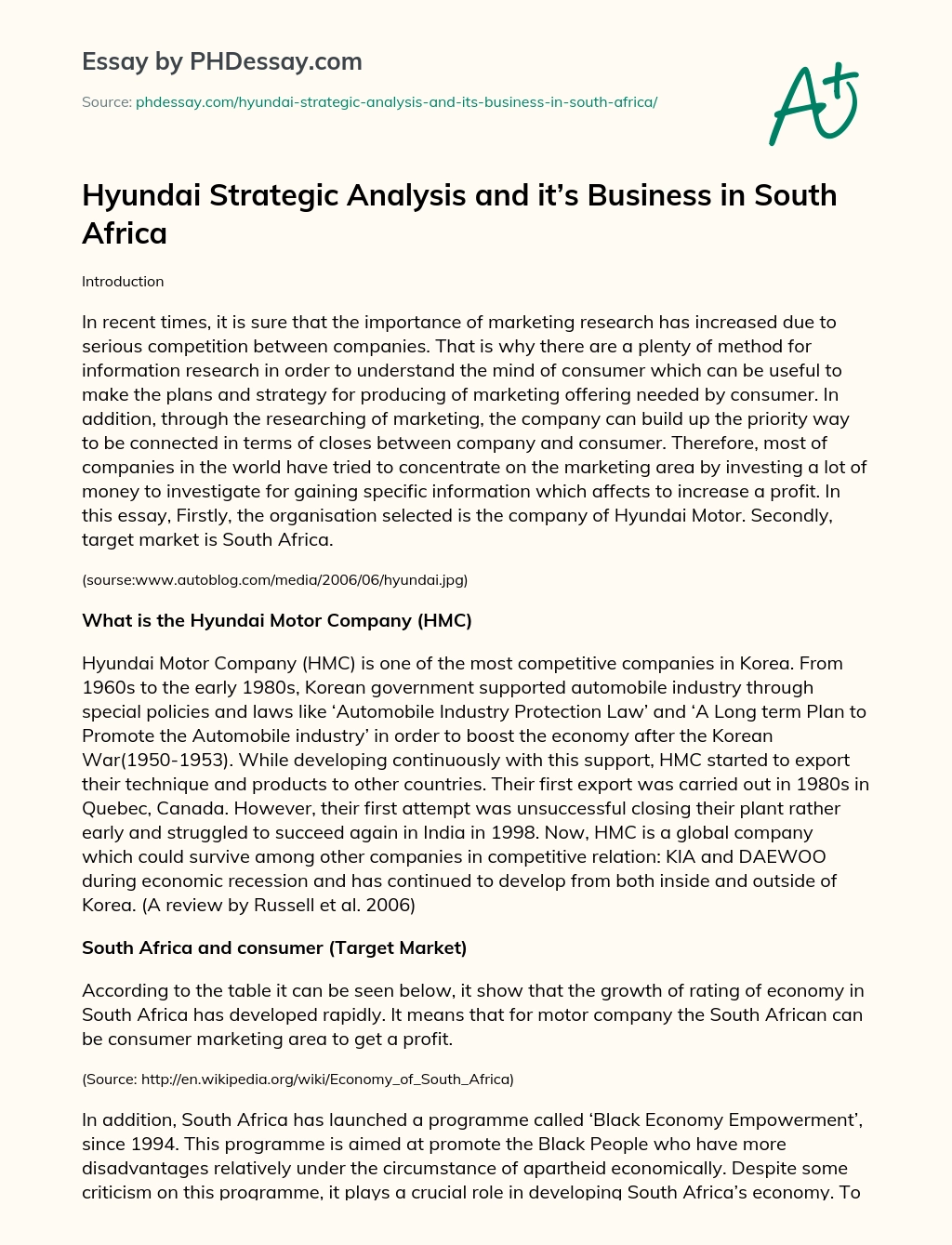 Hyundai Strategic Analysis and it’s Business in South Africa essay