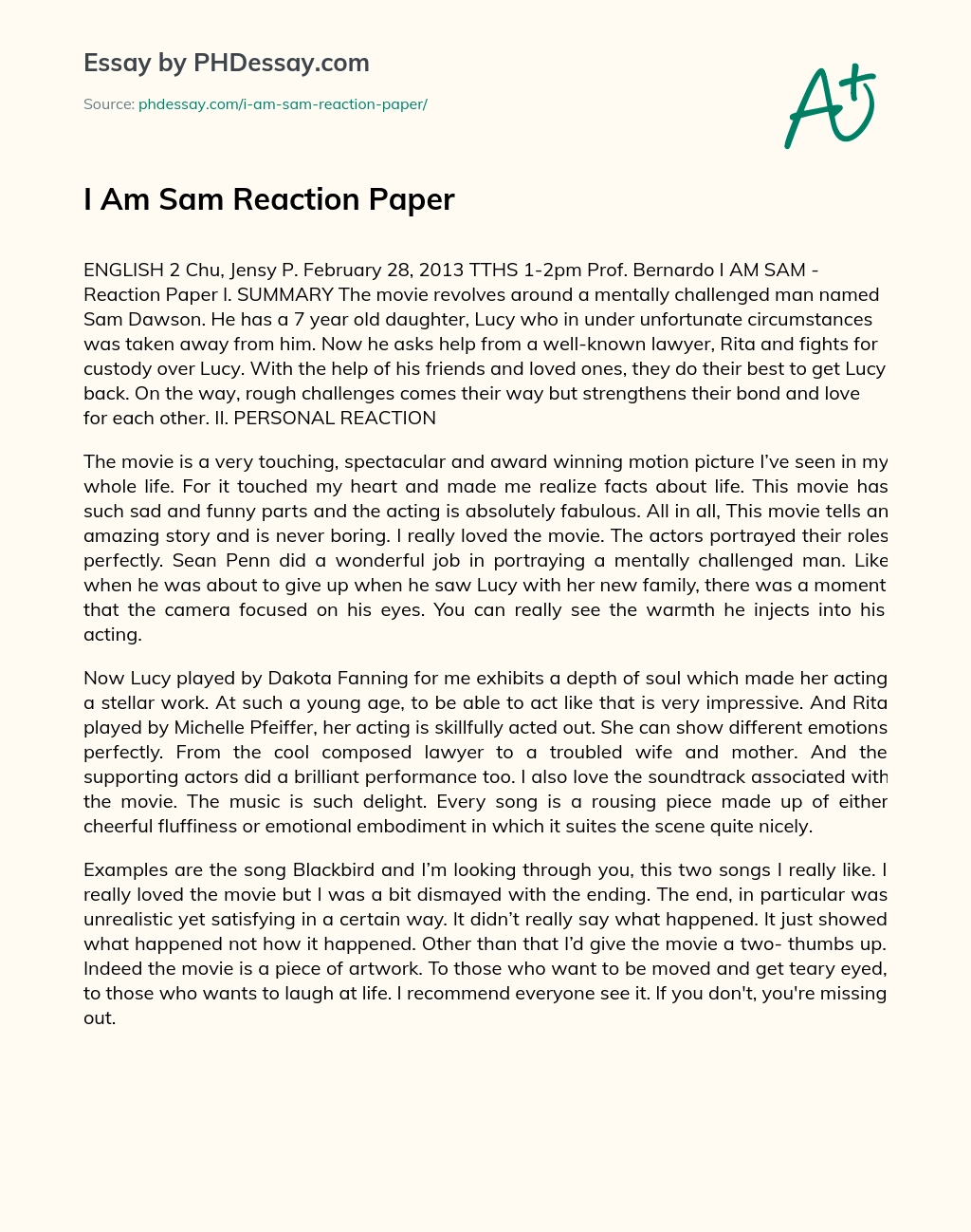 I Am Sam Reaction Paper essay