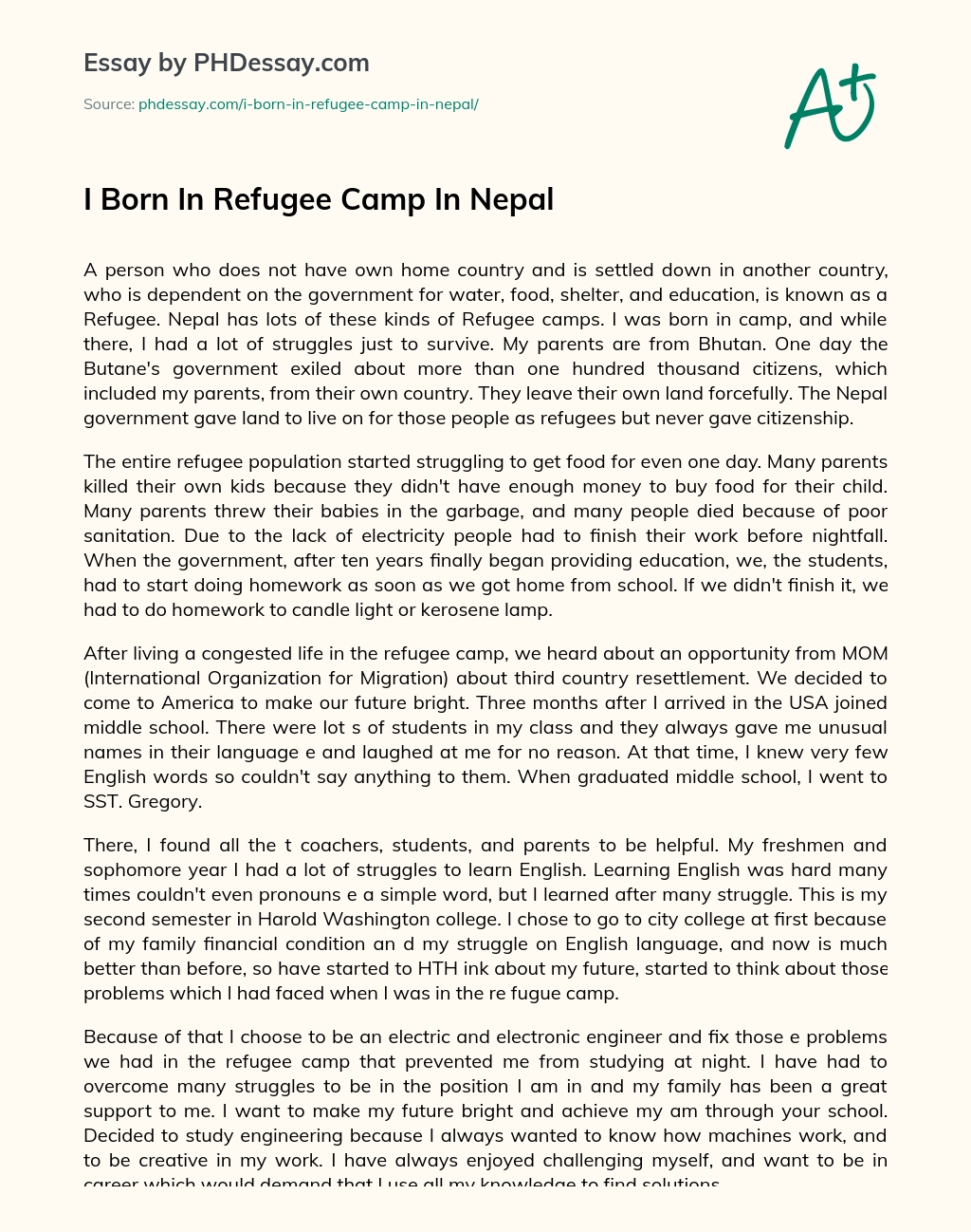 I Born In Refugee Camp In Nepal essay