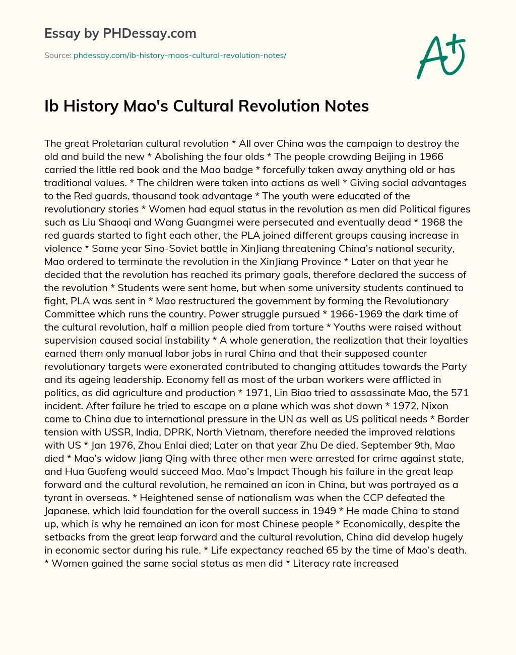 Ib History Mao’s Cultural Revolution Notes essay