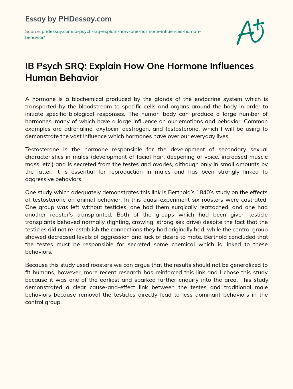 IB Psych SRQ: Explain How One Hormone Influences Human Behavior essay