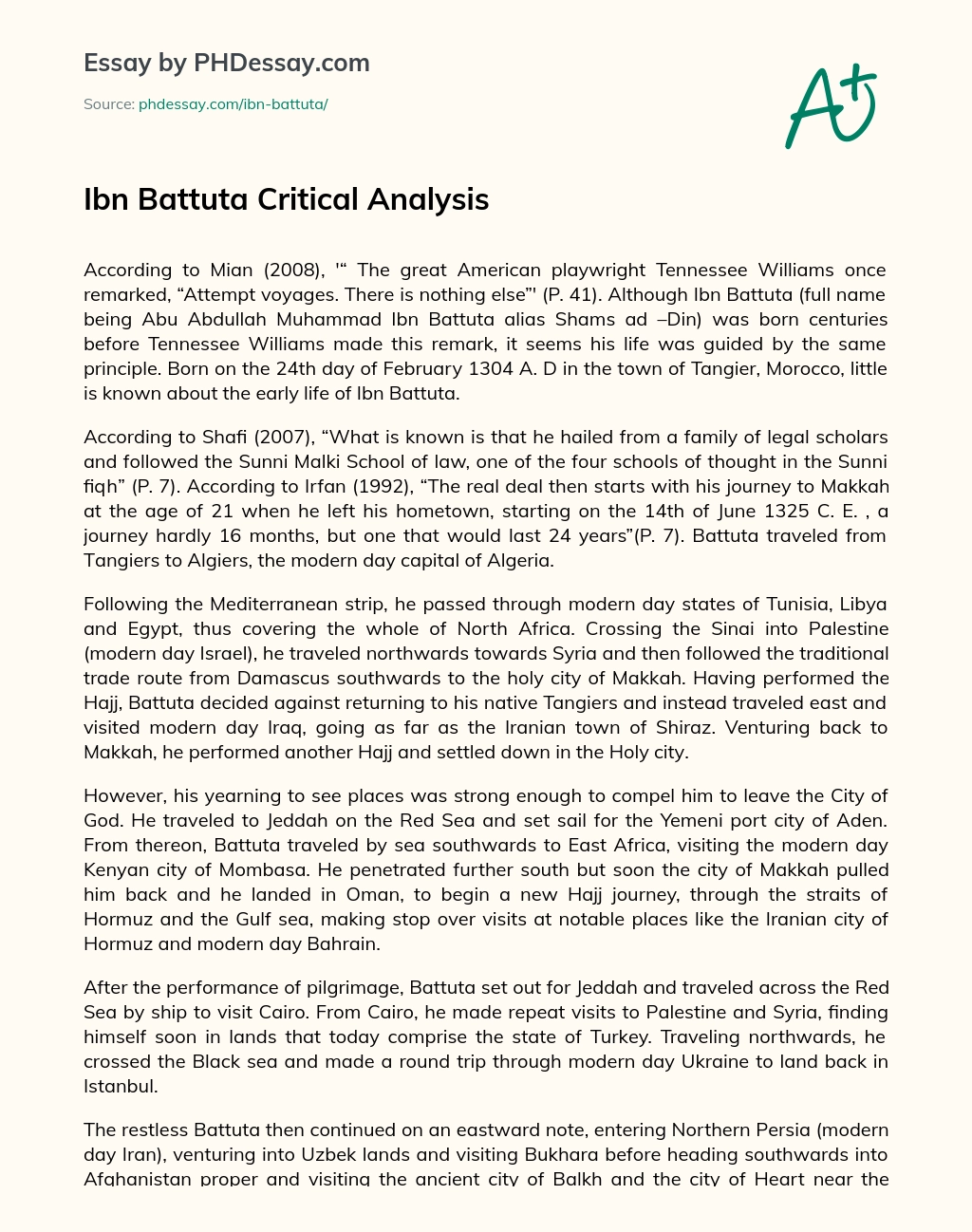 Ibn Battuta Critical Analysis essay