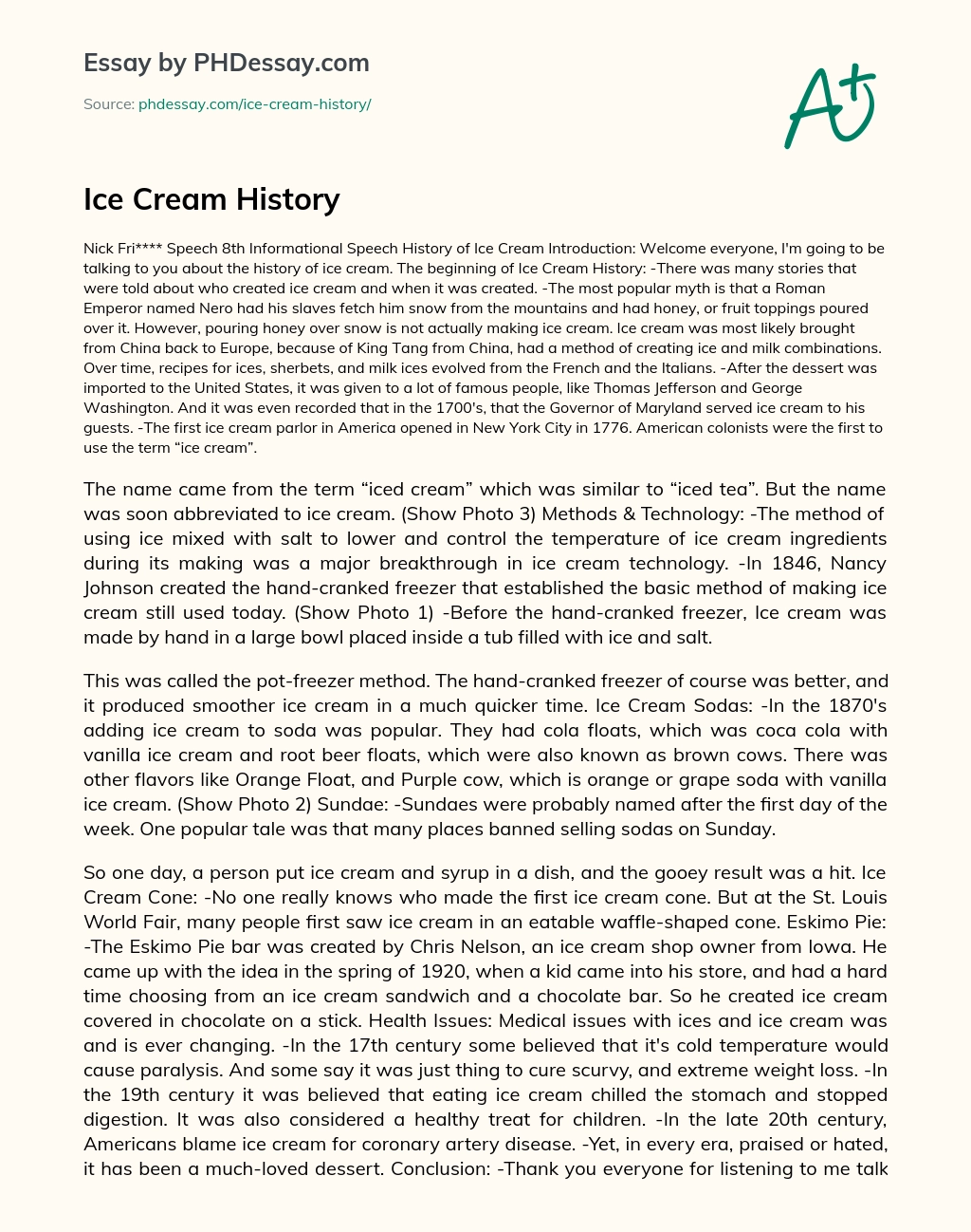 Ice Cream History essay