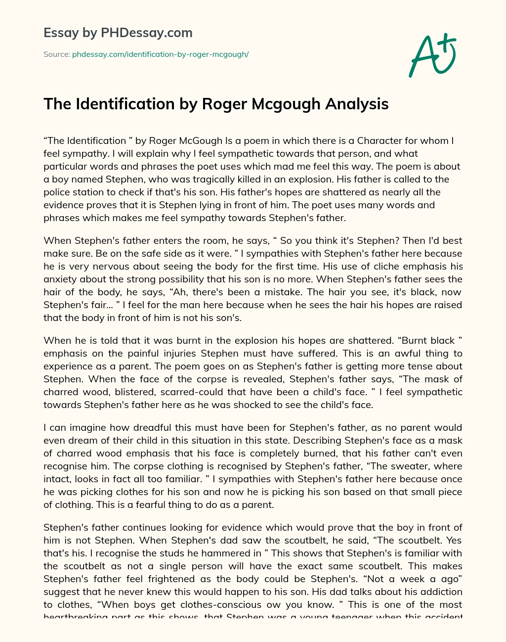 The Identification by Roger Mcgough Analysis essay