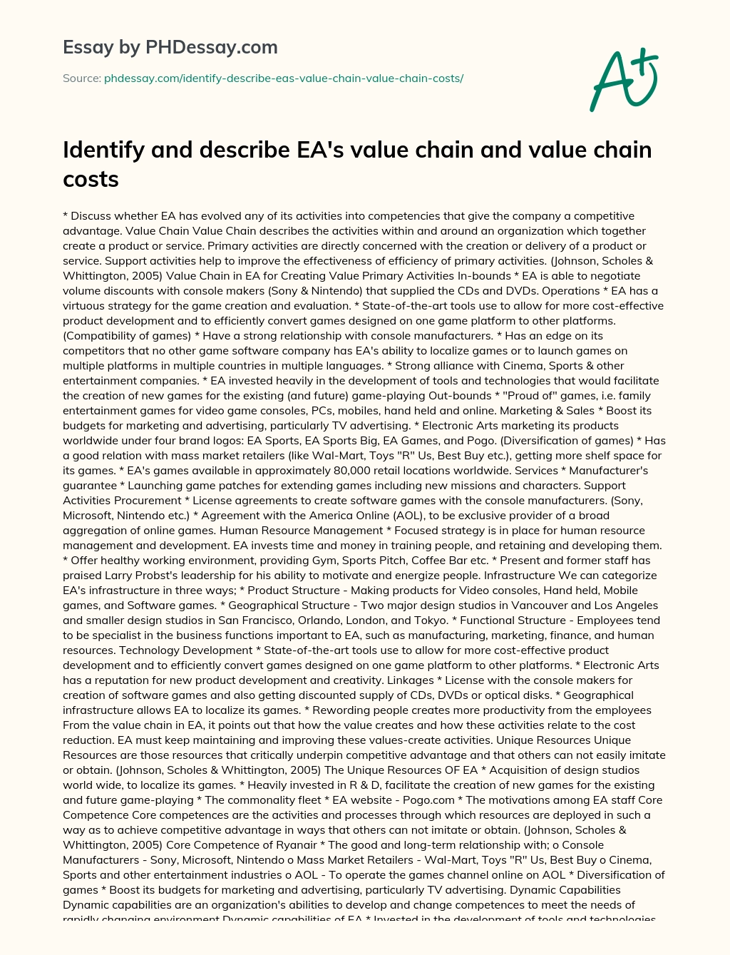 Identify and describe EA’s value chain and value chain costs essay