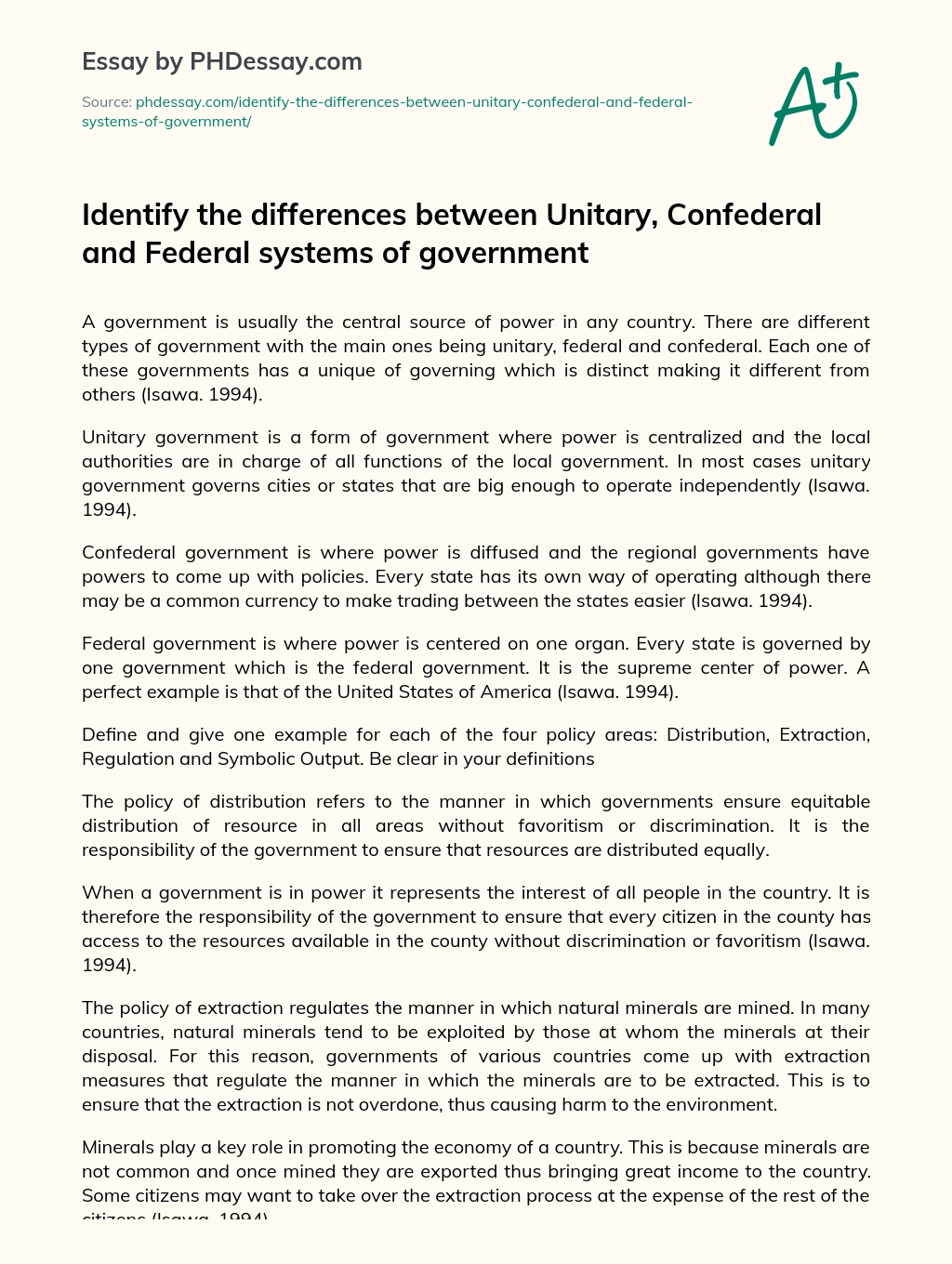 Identify the differences between Unitary, Confederal and Federal systems of government essay
