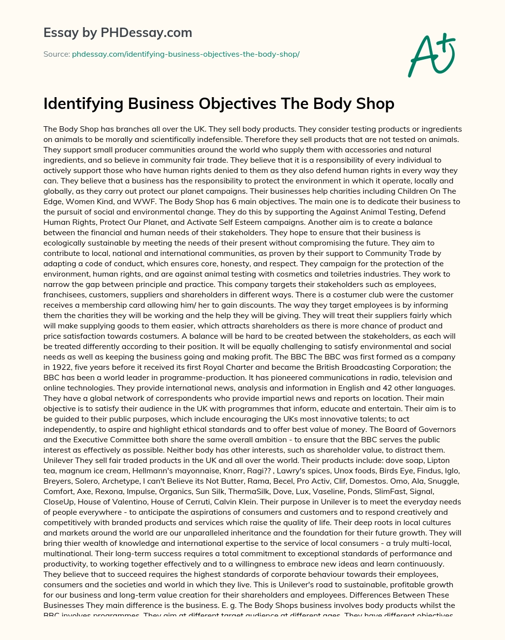 Identifying Business Objectives The Body Shop essay
