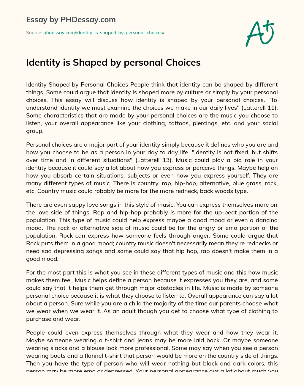 Identity is Shaped by personal Choices - PHDessay.com