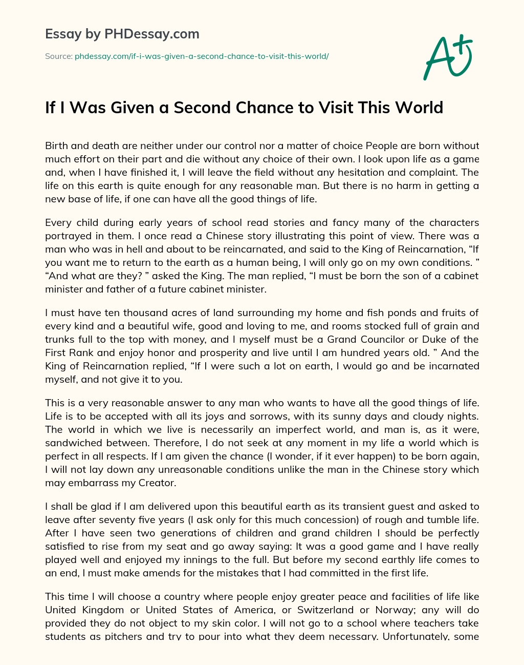 If I Was Given a Second Chance to Visit This World essay