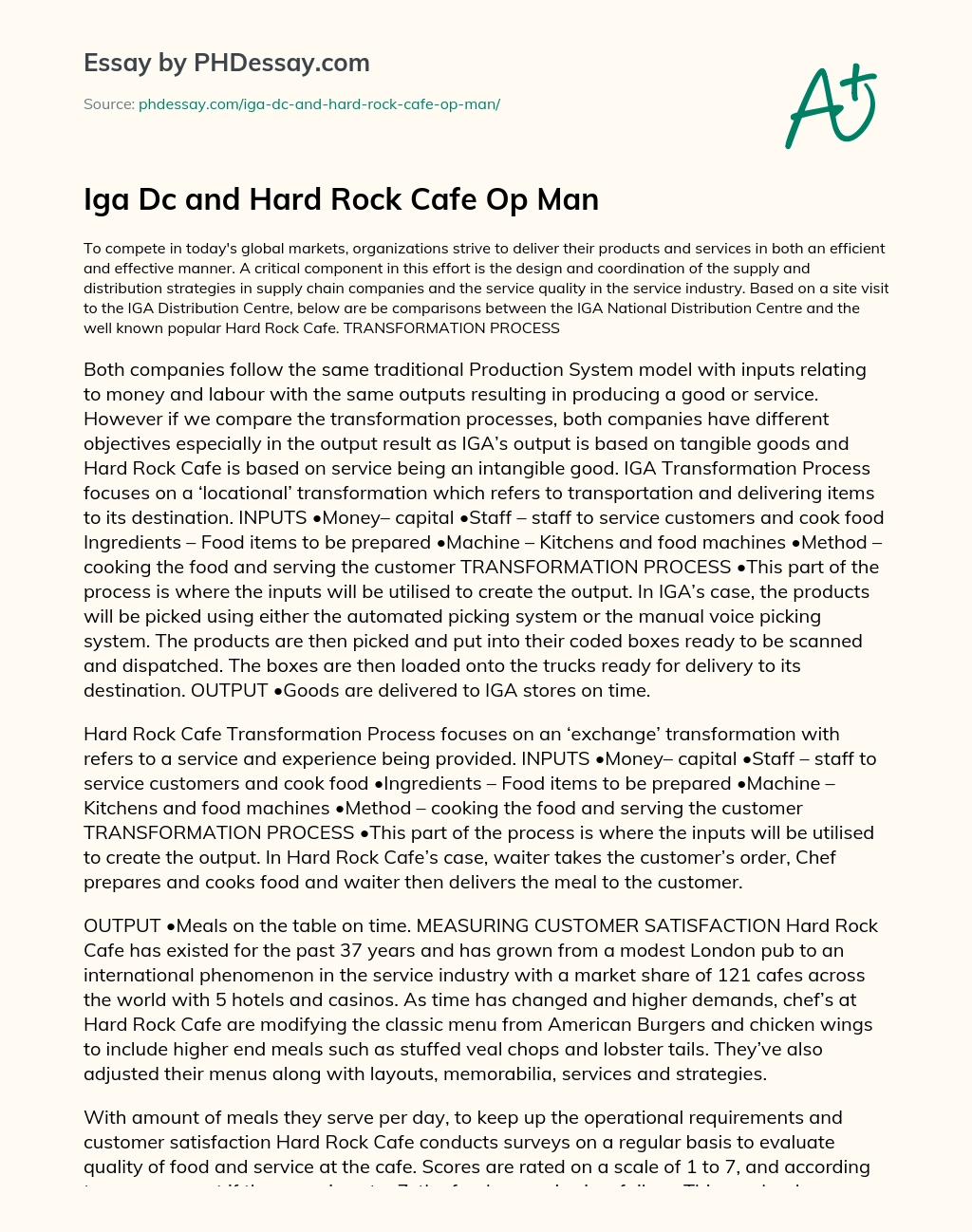 Iga Dc and Hard Rock Cafe Op Man essay