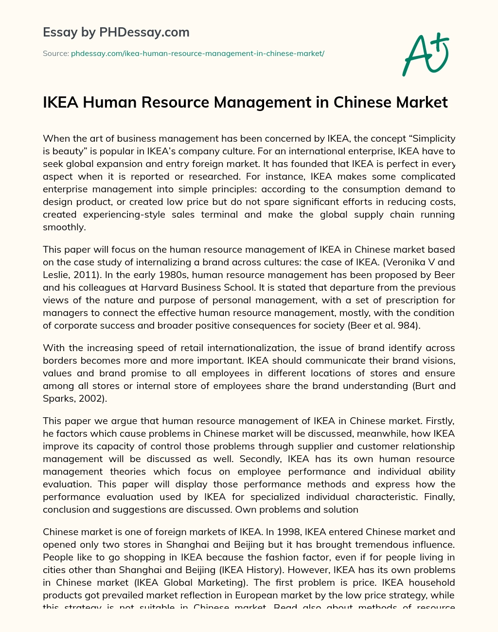 IKEA Human Resource Management in Chinese Market essay