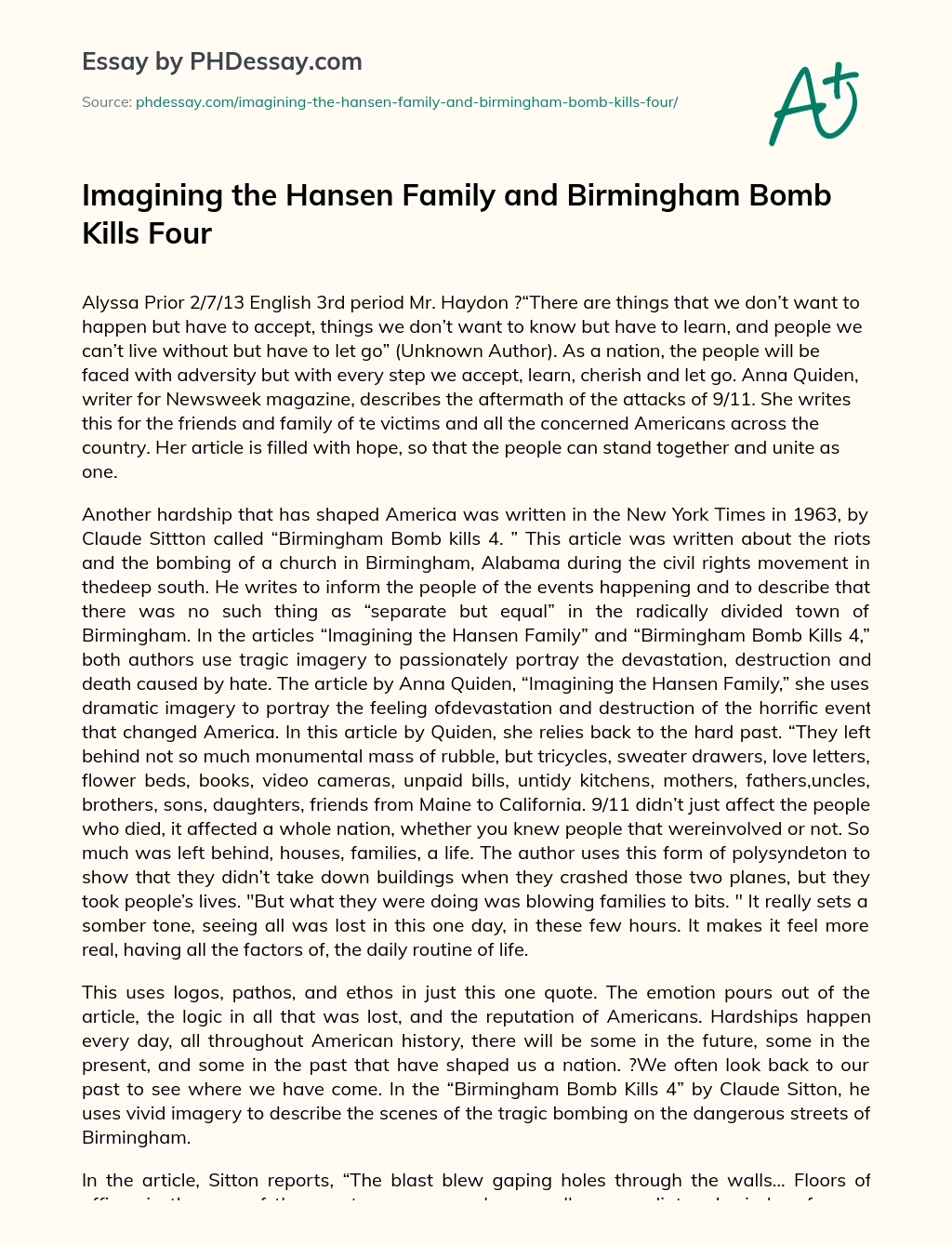 Imagining the Hansen Family and Birmingham Bomb Kills Four essay