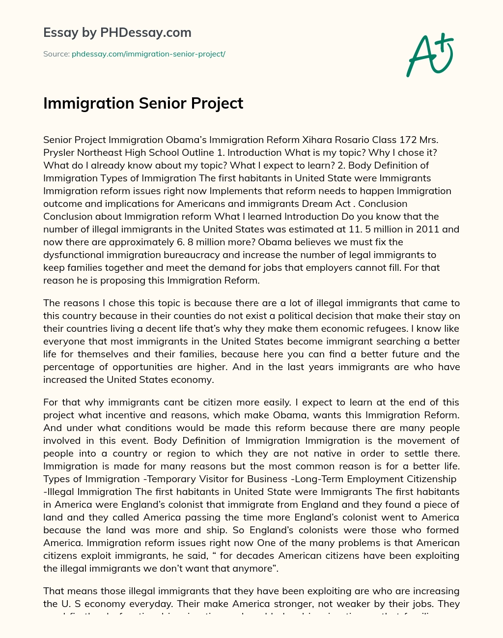 Immigration Senior Project essay