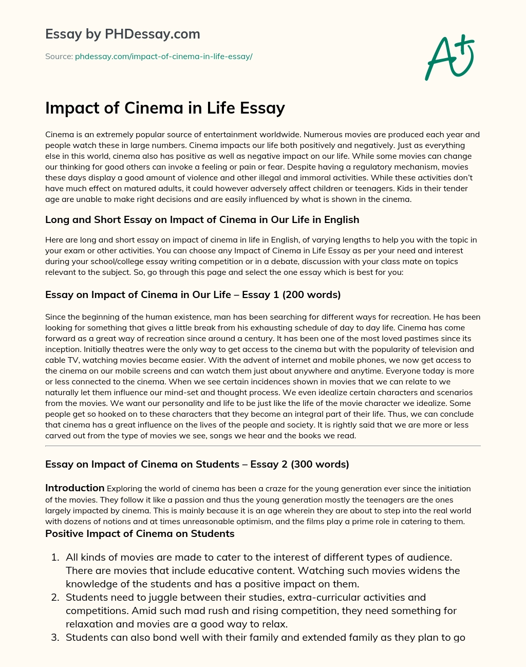 Impact of Cinema in Life Essay essay