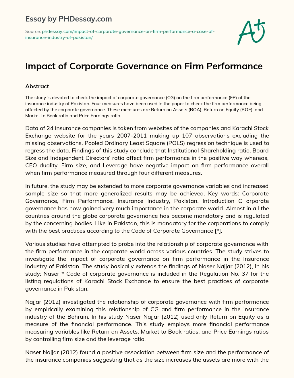 Impact of Corporate Governance on Firm Performance essay
