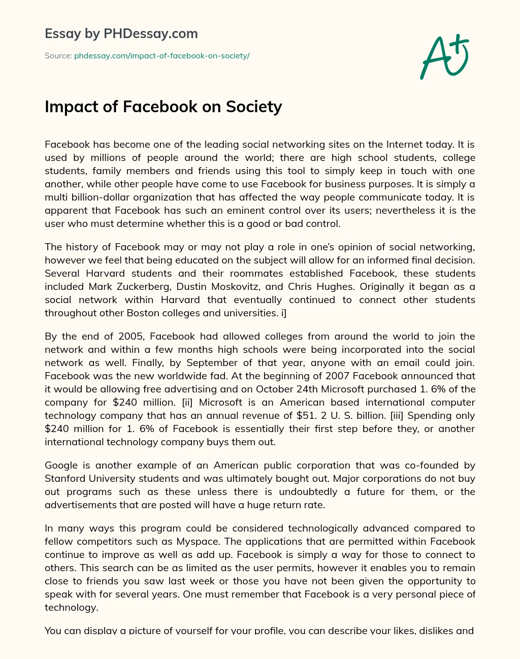 Impact of Facebook on Society essay
