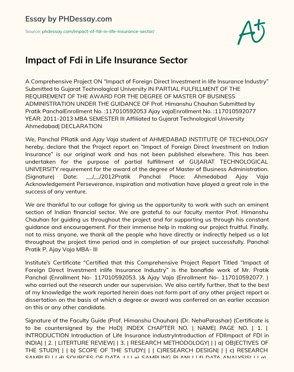 Impact of Fdi in Life Insurance Sector essay