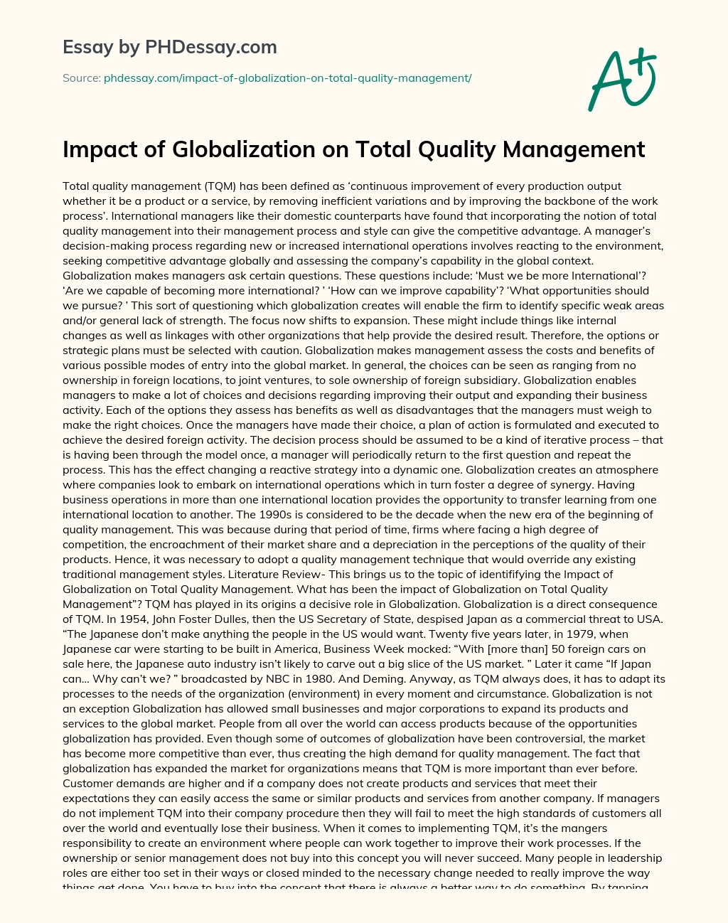 Impact of Globalization on Total Quality Management essay