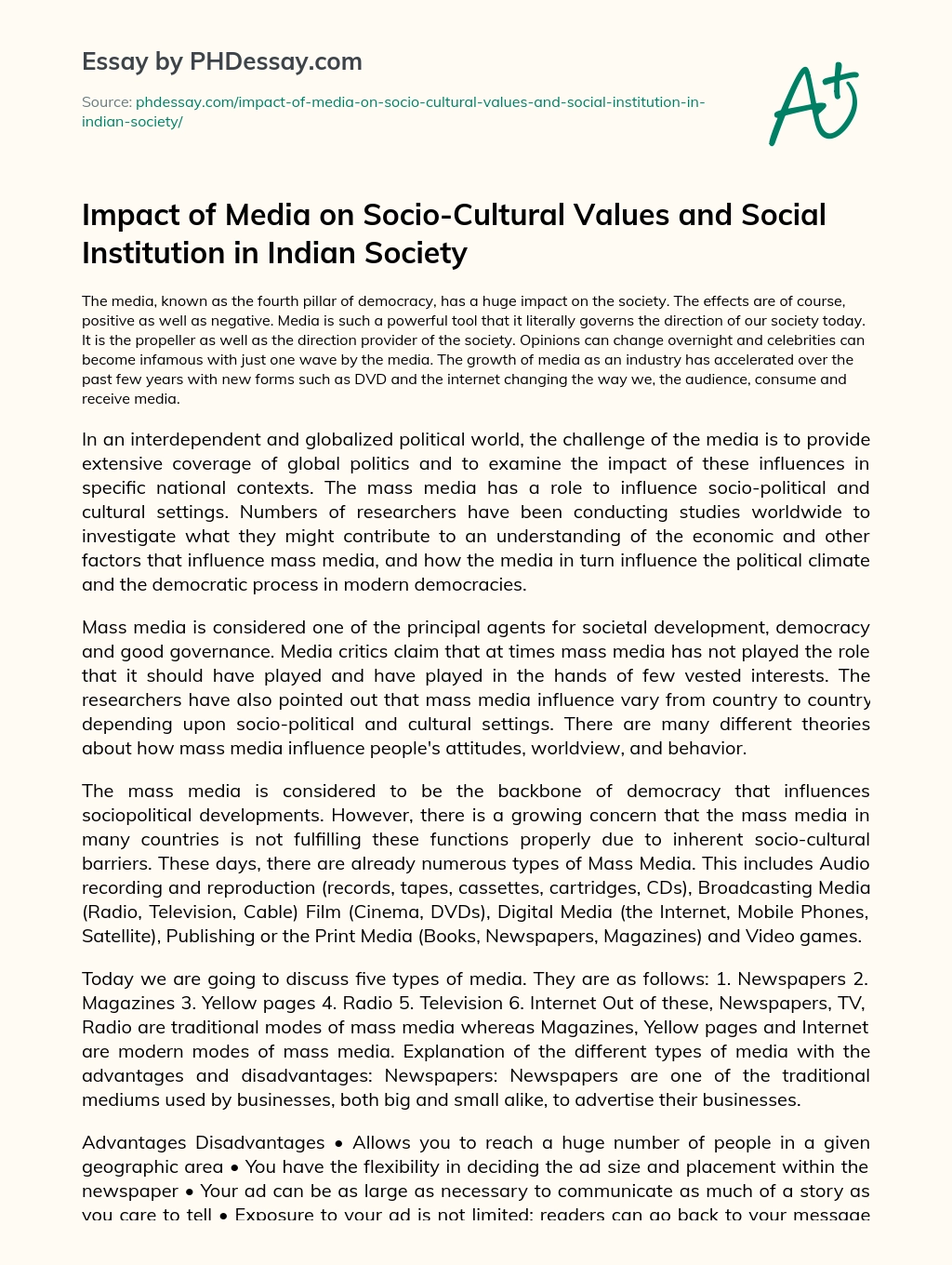 Impact of Media on Socio-Cultural Values and Social Institution in Indian Society essay