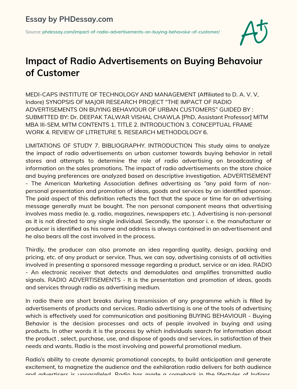 Impact of Radio Advertisements on Buying Behavoiur of Customer essay