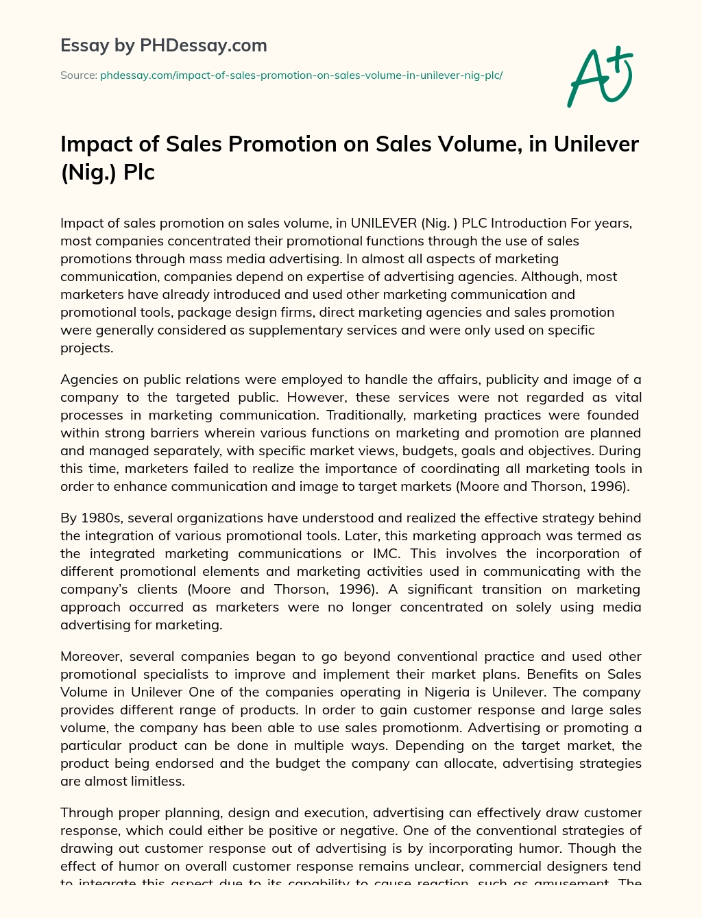 Impact of Sales Promotion on Sales Volume, in Unilever (Nig.) Plc essay