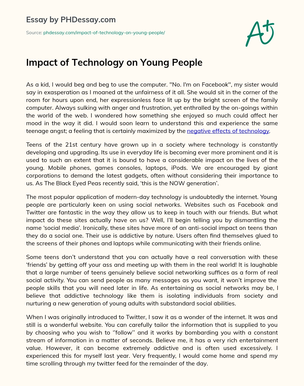 Impact of Technology on Young People essay