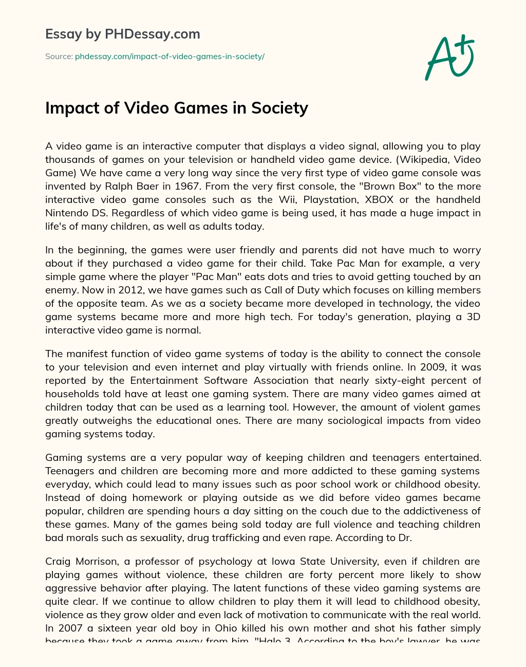Impact of Video Games in Society essay