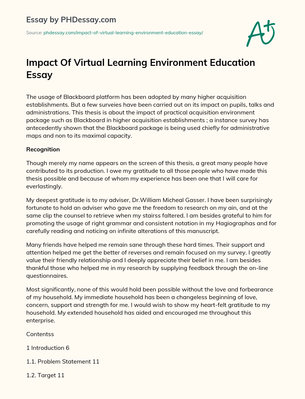 Impact Of Virtual Learning Environment Education Essay essay