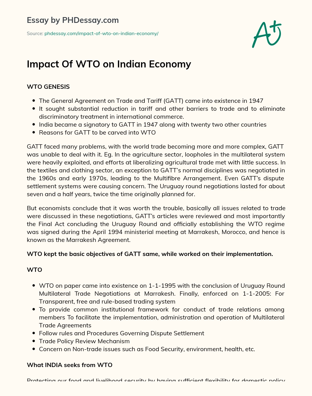 Impact Of WTO on Indian Economy essay