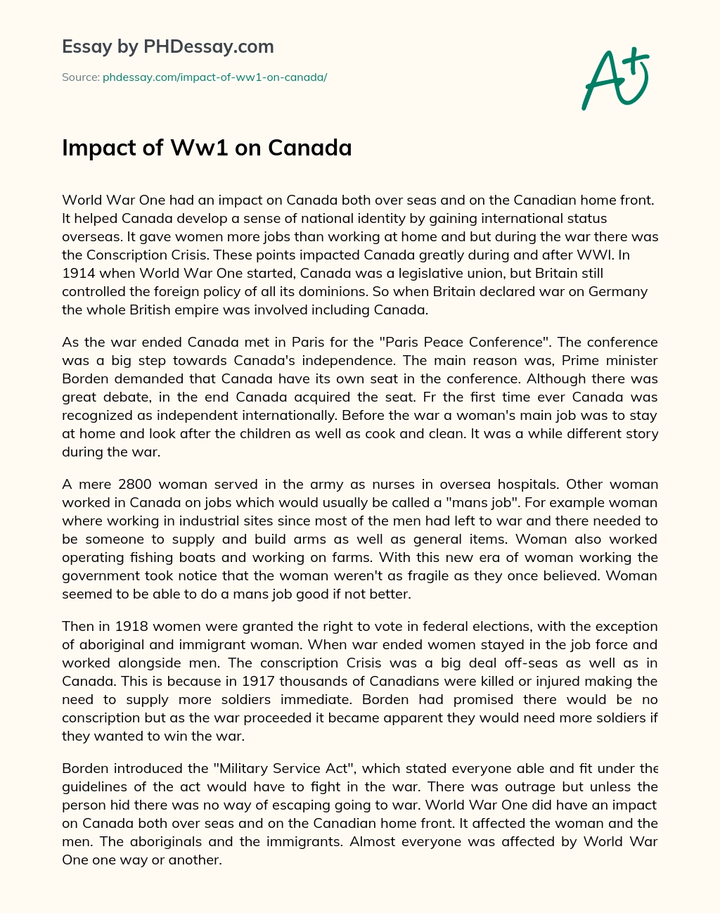 Impact of Ww1 on Canada essay