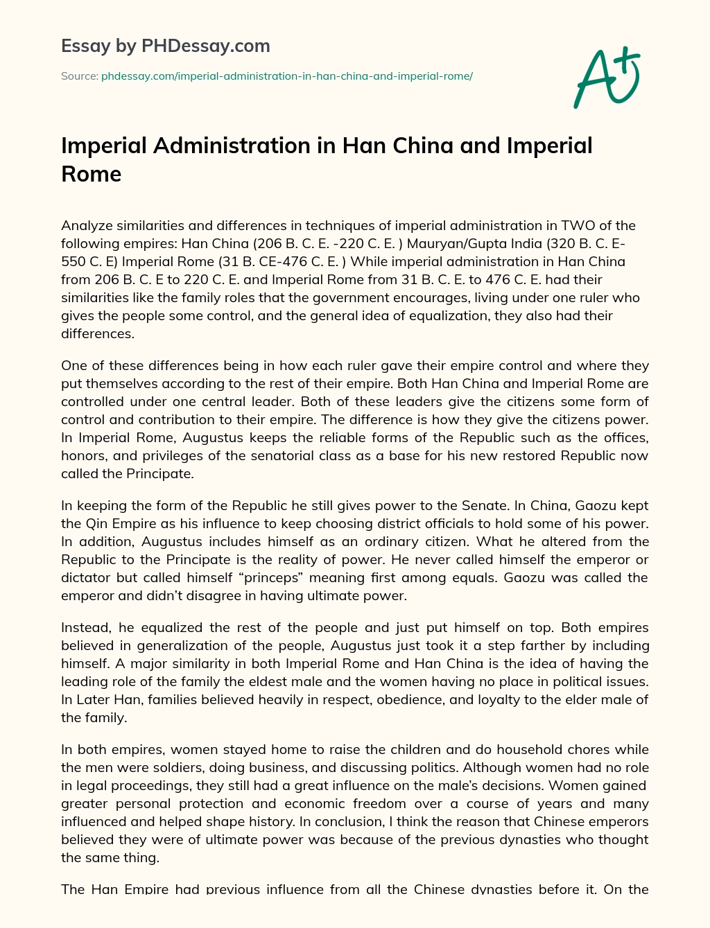 Imperial Administration in Han China and Imperial Rome essay