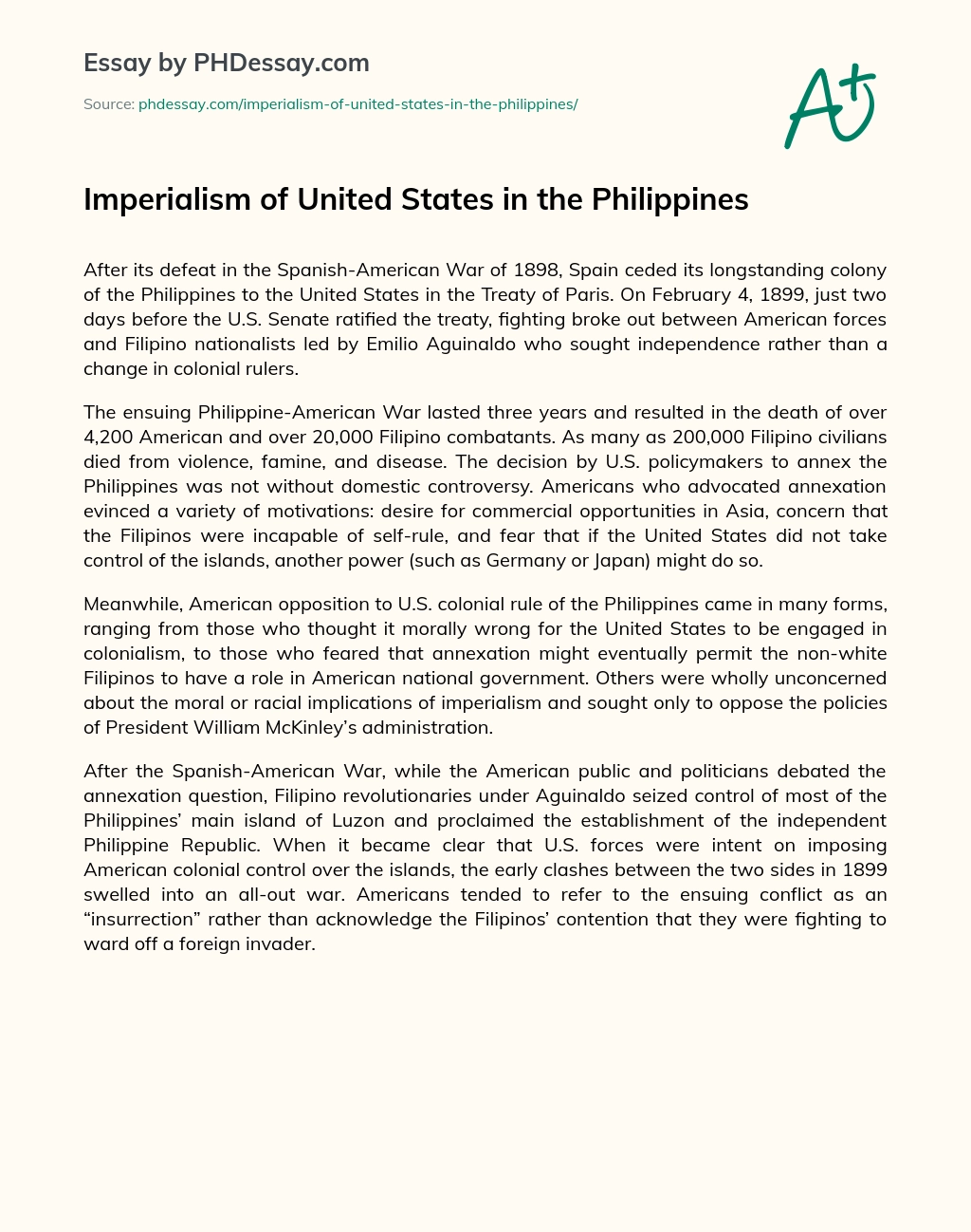 Imperialism of United States in the Philippines essay